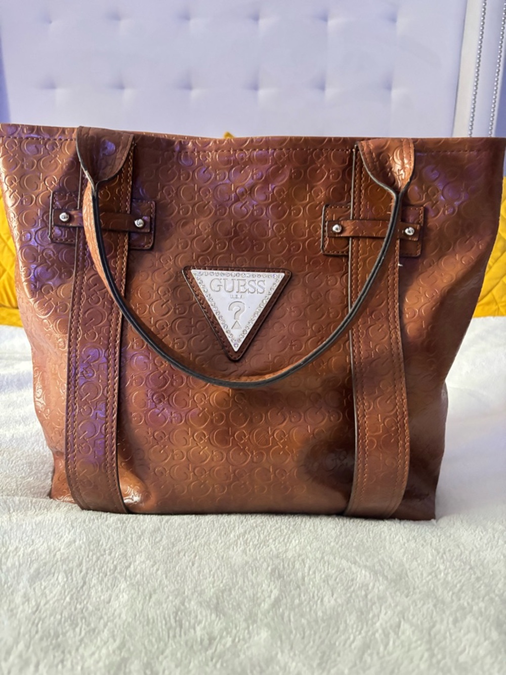 EUC-GUESS Brown Embossed Logo Tote with Silver Triangle Plaque
